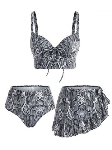 Snakeskin Print Ruffle Bowknot Moulded Three Piece Tankini Swimwear - BLACK - S