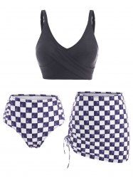Crisscross Checkered Ruched Cinched Three Piece Tankini Swimwear -  
