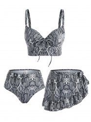 Maillot de Bain Tankini à Imprimé Peau de Serpent à Volants avec Nœud Papillon Trois Pièces - Noir M