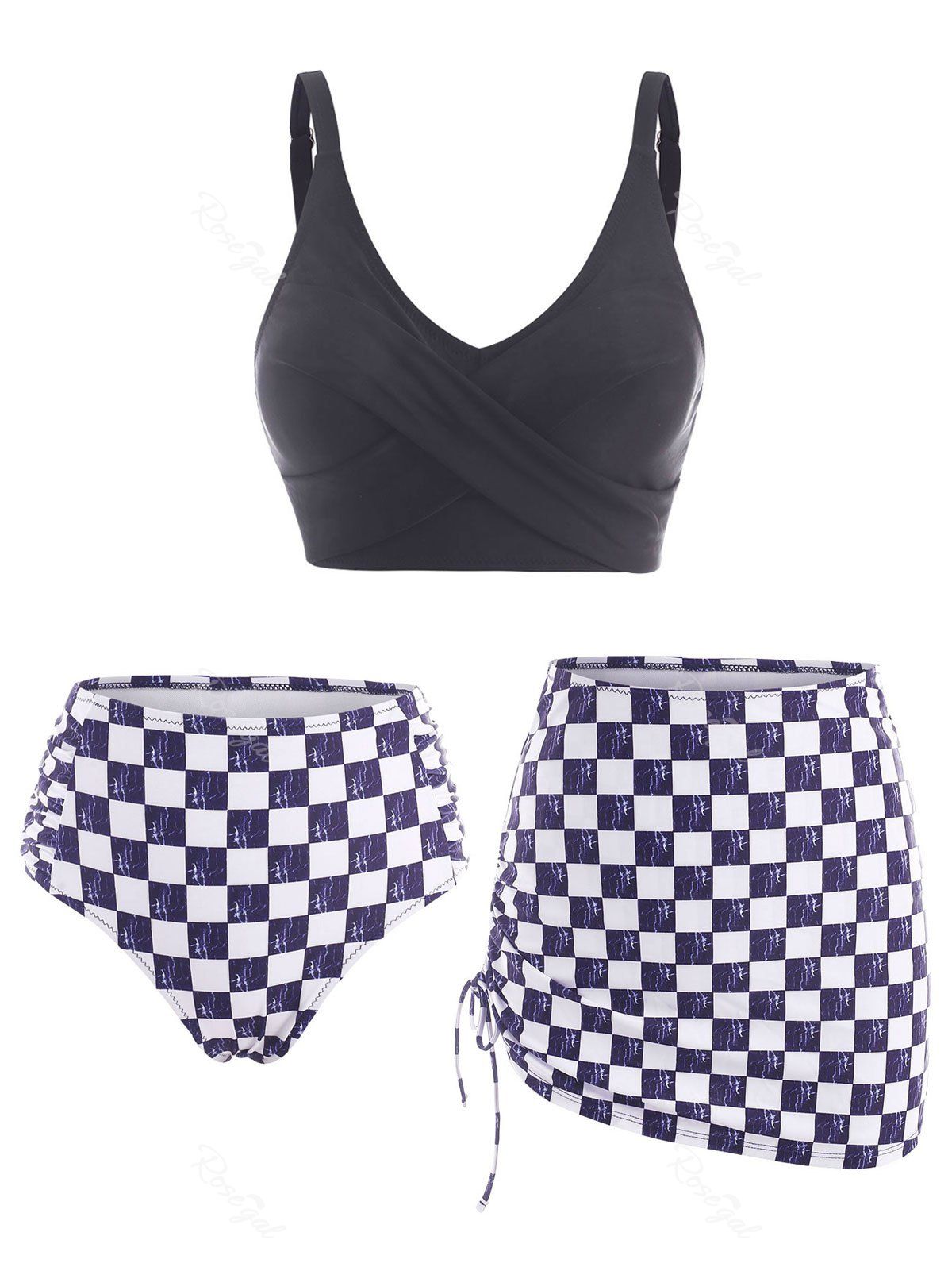 Online Crisscross Checkered Ruched Cinched Three Piece Tankini Swimwear  