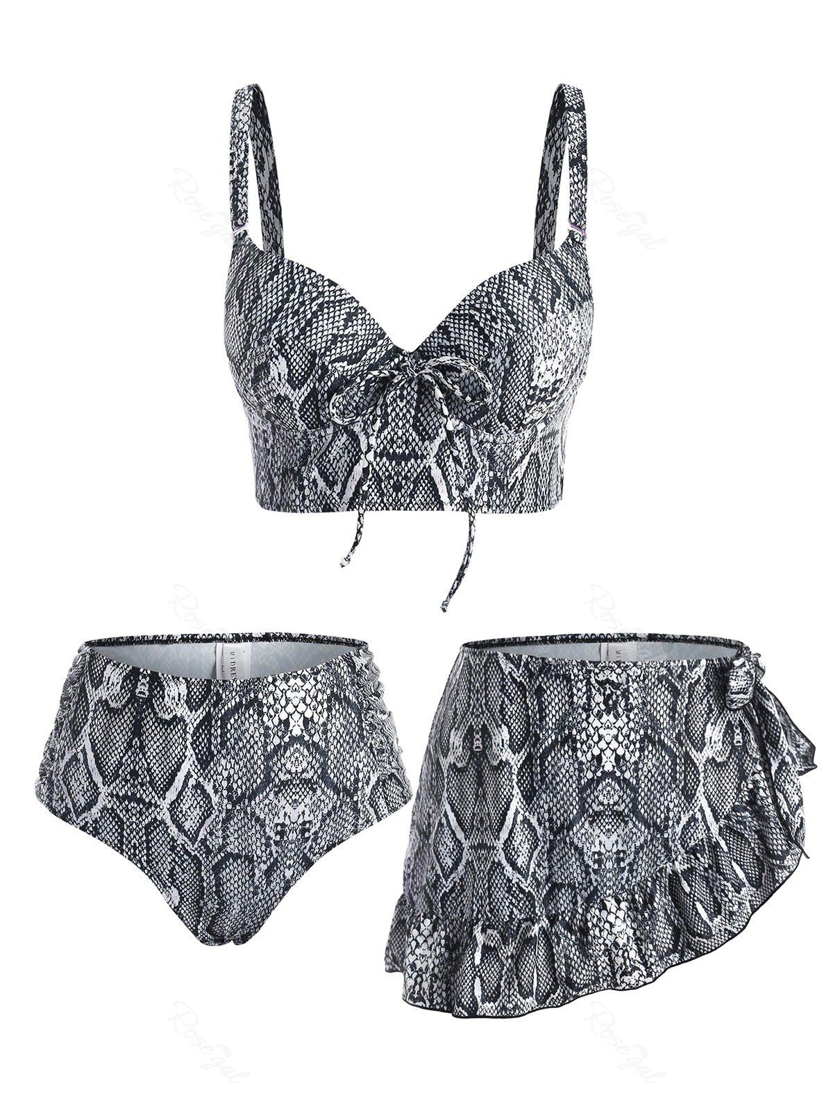 Maillot de Bain Tankini à Imprimé Peau de Serpent à Volants avec Nœud Papillon Trois Pièces Noir M