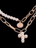Portrait Coin Cross Faux Pearl Layers Necklace -  