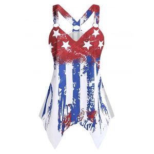 

Plus Size American Flag Ring Hanky Hem Tank Top, Red