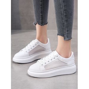 

Mesh Panel Platform Lace Up Sneakers, White