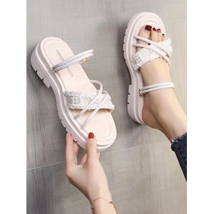 

Cross Faux Pearl Two Way Platform Slides Sandals, Warm white