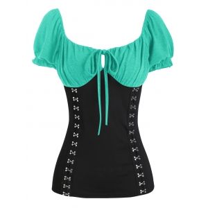 

Ruffle Puff Sleeve Hook and Eye Bowknot T Shirt, Green