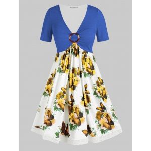 

Plus Size Flower Butterfly Print Lace Insert O Ring Dress, Blue