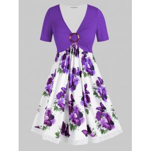 

Plus Size Flower Butterfly Print Lace Insert O Ring Dress, White
