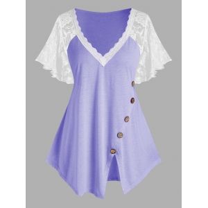 

Plus Size Lace Sleeve Button Asymmetric T Shirt, Light purple