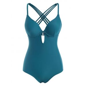 

Underwire Criss Cross Keyhole One-piece Swimsuit, Blue