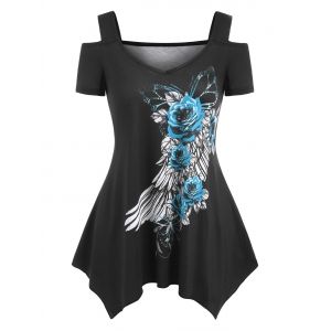 

Flower Feather Print Open Shoulder Handkerchief T Shirt, Black