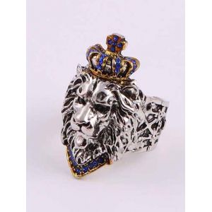 

Rhinestone Crown Lion Head Open Ring, Blue