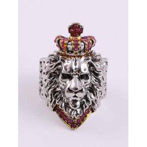 

Rhinestone Crown Lion Head Open Ring, Pink