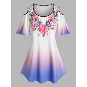 

Plus Size Cold Shoulder Ombre Color Floral Print Tee, Purple