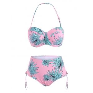 

Flower Print Lace Up Halter Moulded Bikini Swimwear, Light pink