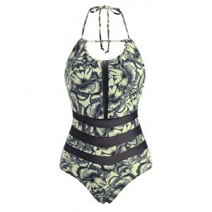 

Floral Print Mesh Insert Halter One-piece Swimsuit, Multi