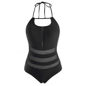 

Mesh Panel Halter Tie Back One-piece Swimsuit, Black