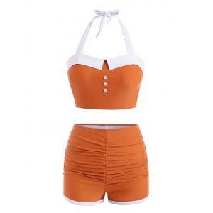 

Two Tone Mock Button Ruched Halter Tankini Swimwear, Coffee