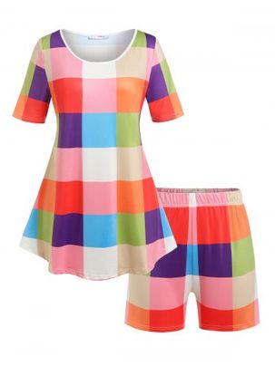Plus Size Colorful Plaid Shorts Pajamas Set