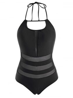 Mesh Panel Halter Tie Back One-piece Swimsuit - BLACK - XL