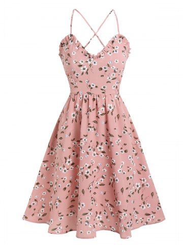 Spaghetti Strap Floral Print Ruffle Dress - LIGHT PINK - XL