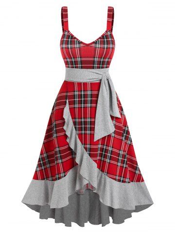 Plaid Ruffle Knotted Midi Dress - RED - XXL