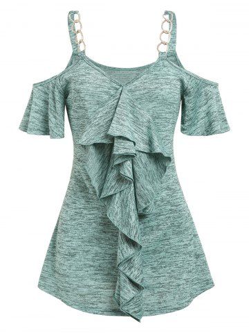 Cold Shoulder Ruffle Detail Heathered T-shirt - GREEN - XXXL