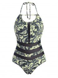 Floral Print Mesh Insert Halter One-piece Swimsuit -  