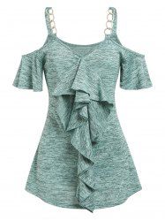T-shirt Chiné à Epaule Dénudée à Volants - Vert M