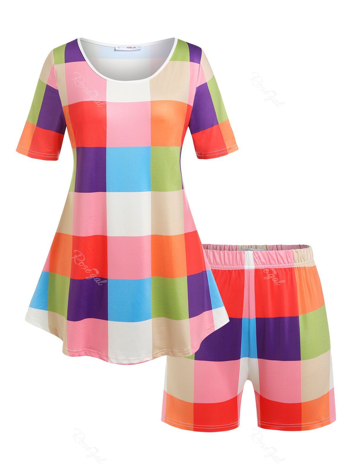 Online Plus Size Colorful Plaid Shorts Pajamas Set  