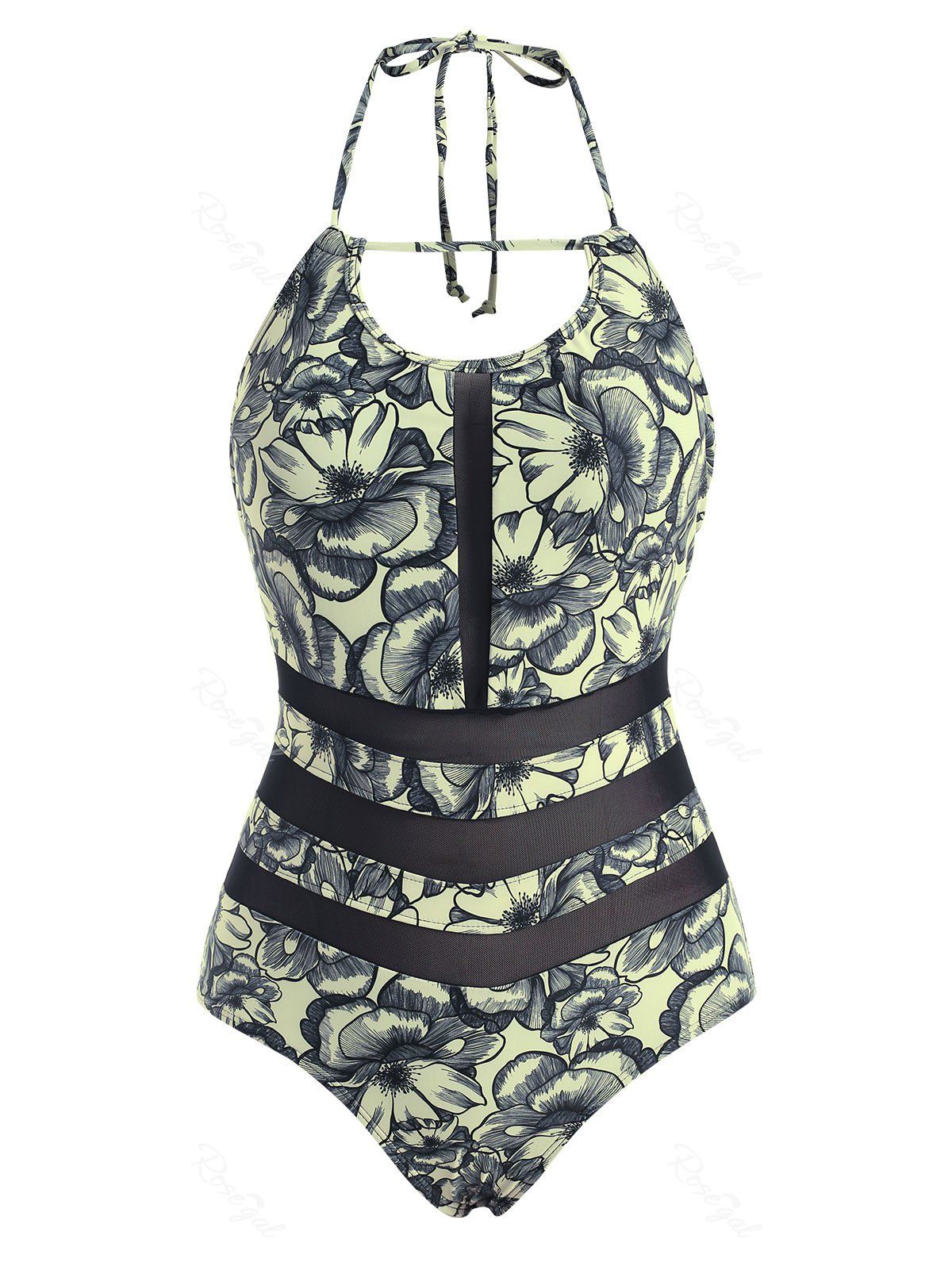 Affordable Floral Print Mesh Insert Halter One-piece Swimsuit  