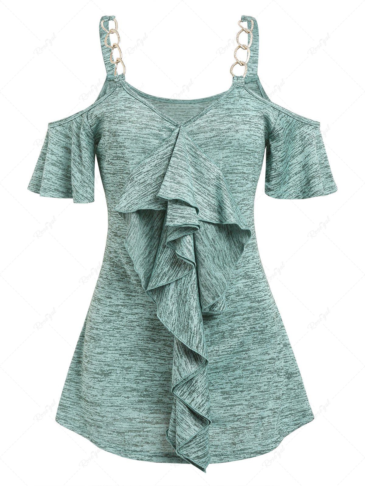 T-shirt Chiné à Epaule Dénudée à Volants Vert XXXL