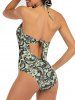 Floral Print Mesh Insert Halter One-piece Swimsuit -  