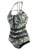 Floral Print Mesh Insert Halter One-piece Swimsuit -  