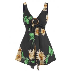 

Sunflower Print Tied O Ring Tank Top, Black