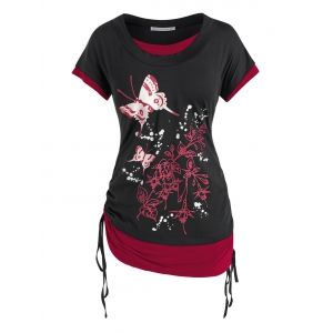 

Plus Size Butterfly Floral Print Faux Twinset Cinched Tee, Deep red