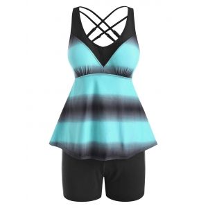 

Criss Cross Tie Dye Empire Waist Tankini Swimwear, Blue