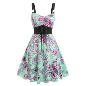 

Plus Size Lace Up Paisley Print Dress, Light green