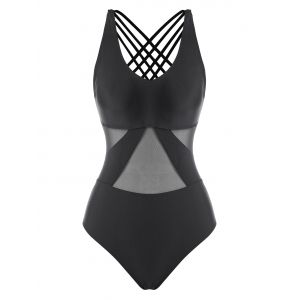 

Mesh Panel Criss Cross One-piece Swimsuit, Black