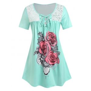 

Plus Size Rose Print Lace Up Tee, Light green