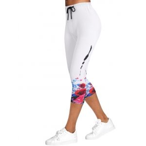 

Drawstring Floral Cropped Leggings, White