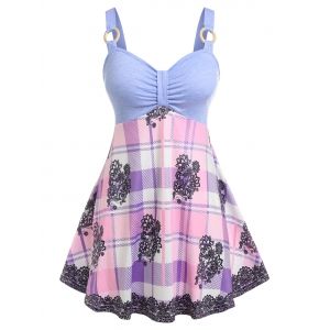 

Plus Size Flower Plaid Skirted Ring Tank Top, Light blue