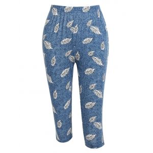

High Waisted Leaf Print Capri Pants, Blue