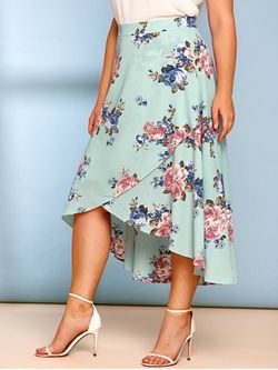 Plus Size Floral Print Surplice Dip Hem Maxi Skirt - LIGHT GREEN - 4X