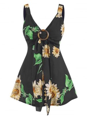 Sunflower Print Tied O Ring Tank Top