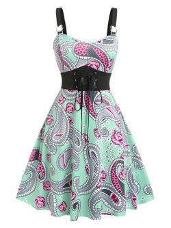 Plus Size Lace Up Paisley Print Fit and Flare 1950s Dress - LIGHT GREEN - L