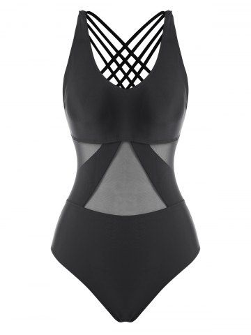 Mesh Panel Criss Cross One-piece Swimsuit - BLACK - S