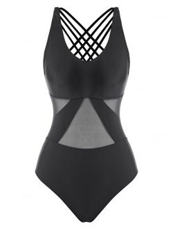Mesh Panel Criss Cross One-piece Swimsuit - BLACK - XXL