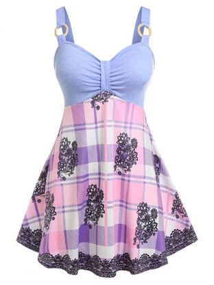 Plus Size Flower Plaid Skirted Ring Tank Top
