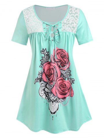 Plus Size Rose Print Lace Up Tee - LIGHT GREEN - L